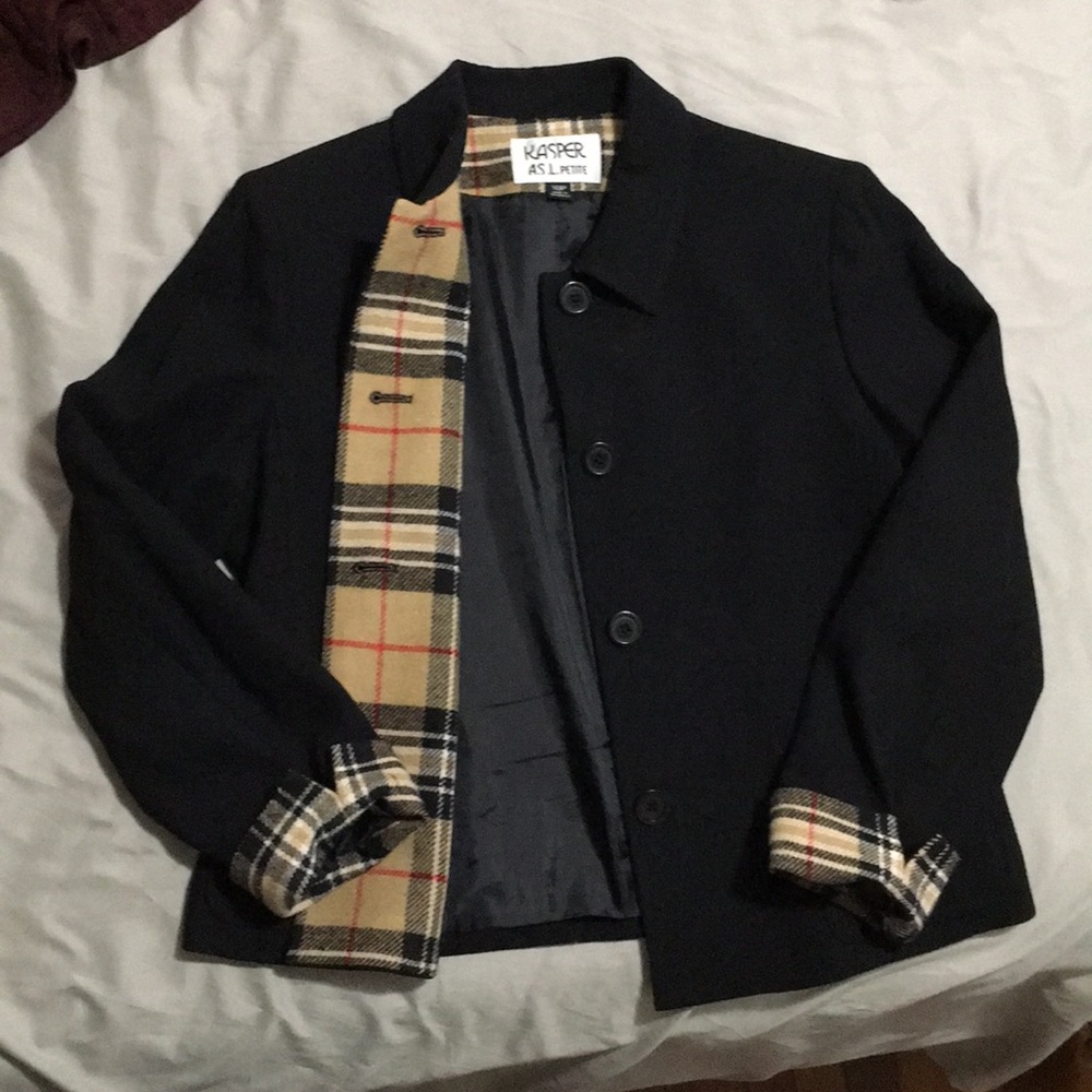 Black blazer jacket with Burberry style accent